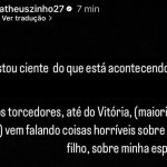 Pronunciamento de Matheuzinho, do Vitória, nas redes sociais. Reprodução: Instagram/Matheuzinho.